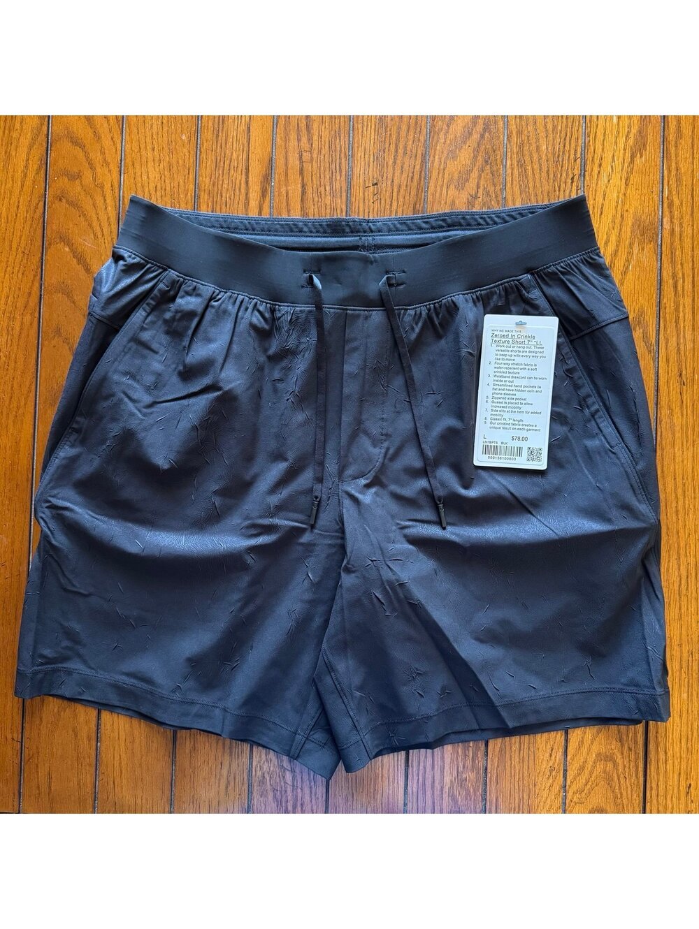 Lululemon Men’s Size L Zeroed In Crinkle Texture Short 7” Linerless Black NWT